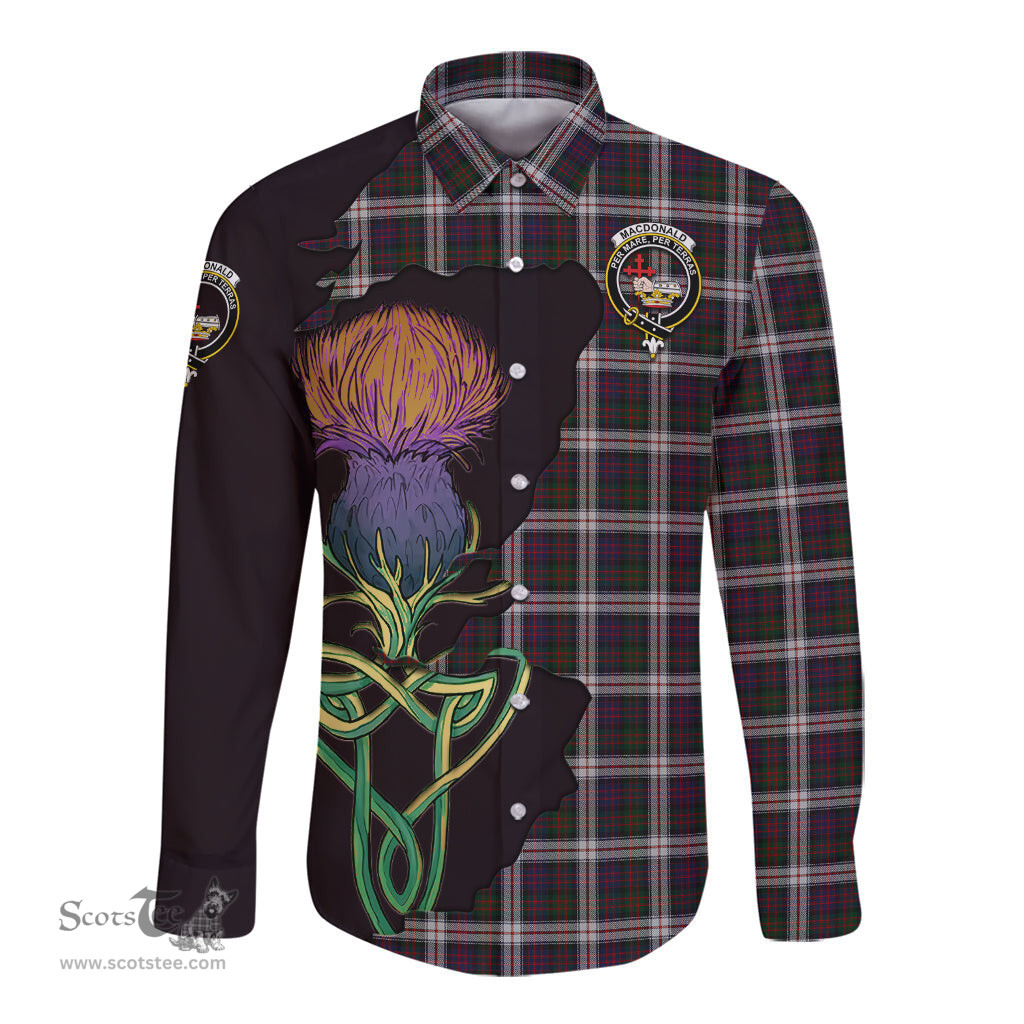 Scottish MacDonald Dress Clan Tartan Crest with Thistle and Scotland Map Tartan Long Sleeve Shirt Scottish Plaid Tartan Plaid - ScotsTee - scotstee.com