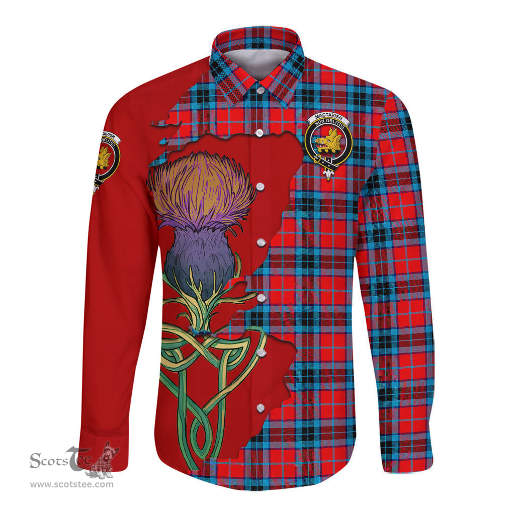 Scottish MacTavish Modern Clan Tartan Crest with Thistle and Scotland Map Tartan Long Sleeve Shirt Scottish Plaid Tartan Plaid - ScotsTee - scotstee.com