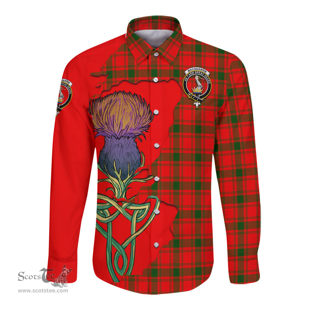 Scottish MacQuarrie Modern Clan Tartan Crest with Thistle and Scotland Map Tartan Long Sleeve Shirt Scottish Plaid Tartan Plaid - ScotsTee - scotstee.com