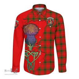 Scottish MacQuarrie Modern Clan Tartan Crest with Thistle and Scotland Map Tartan Long Sleeve Shirt Scottish Plaid Tartan Plaid - ScotsTee - scotstee.com
