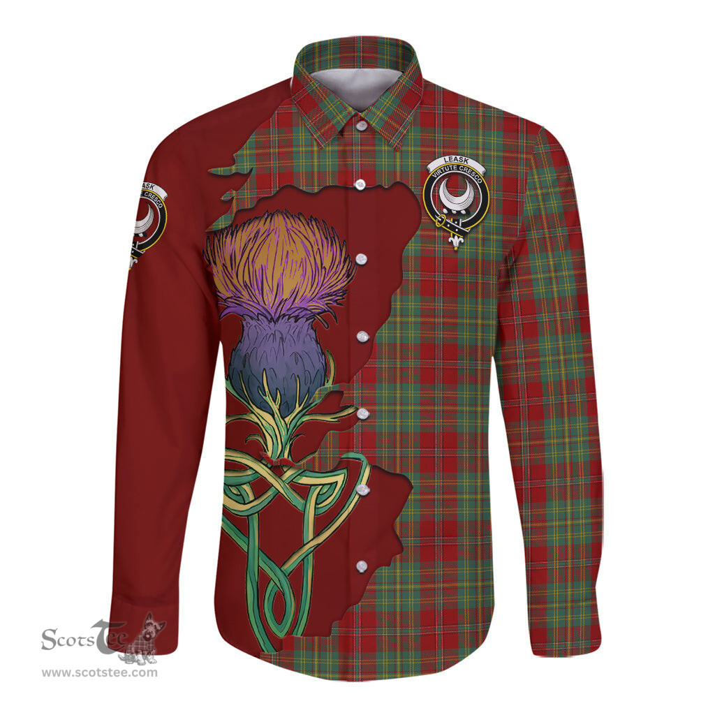 Scottish Leask Clan Tartan Crest with Thistle and Scotland Map Tartan Long Sleeve Shirt Scottish Plaid Tartan Plaid - ScotsTee - scotstee.com