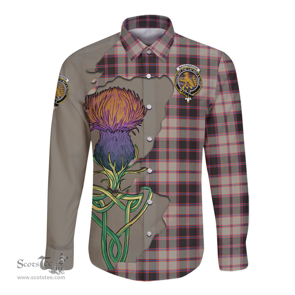 Scottish MacPherson Hunting Ancient Clan Tartan Crest with Thistle and Scotland Map Tartan Long Sleeve Shirt Scottish Plaid Tartan Plaid - ScotsTee - scotstee.com