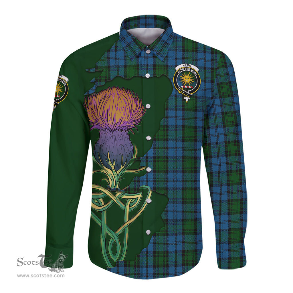 Scottish Kerr Hunting Clan Tartan Crest with Thistle and Scotland Map Tartan Long Sleeve Shirt Scottish Plaid Tartan Plaid - ScotsTee - scotstee.com