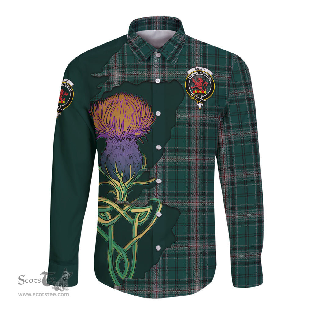 Scottish Kelly of Sleat Hunting Clan Tartan Crest with Thistle and Scotland Map Tartan Long Sleeve Shirt Scottish Plaid Tartan Plaid - ScotsTee - scotstee.com