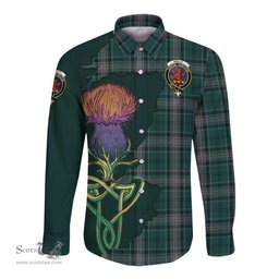 Scottish Kelly of Sleat Hunting Clan Tartan Crest with Thistle and Scotland Map Tartan Long Sleeve Shirt Scottish Plaid Tartan Plaid - ScotsTee - scotstee.com