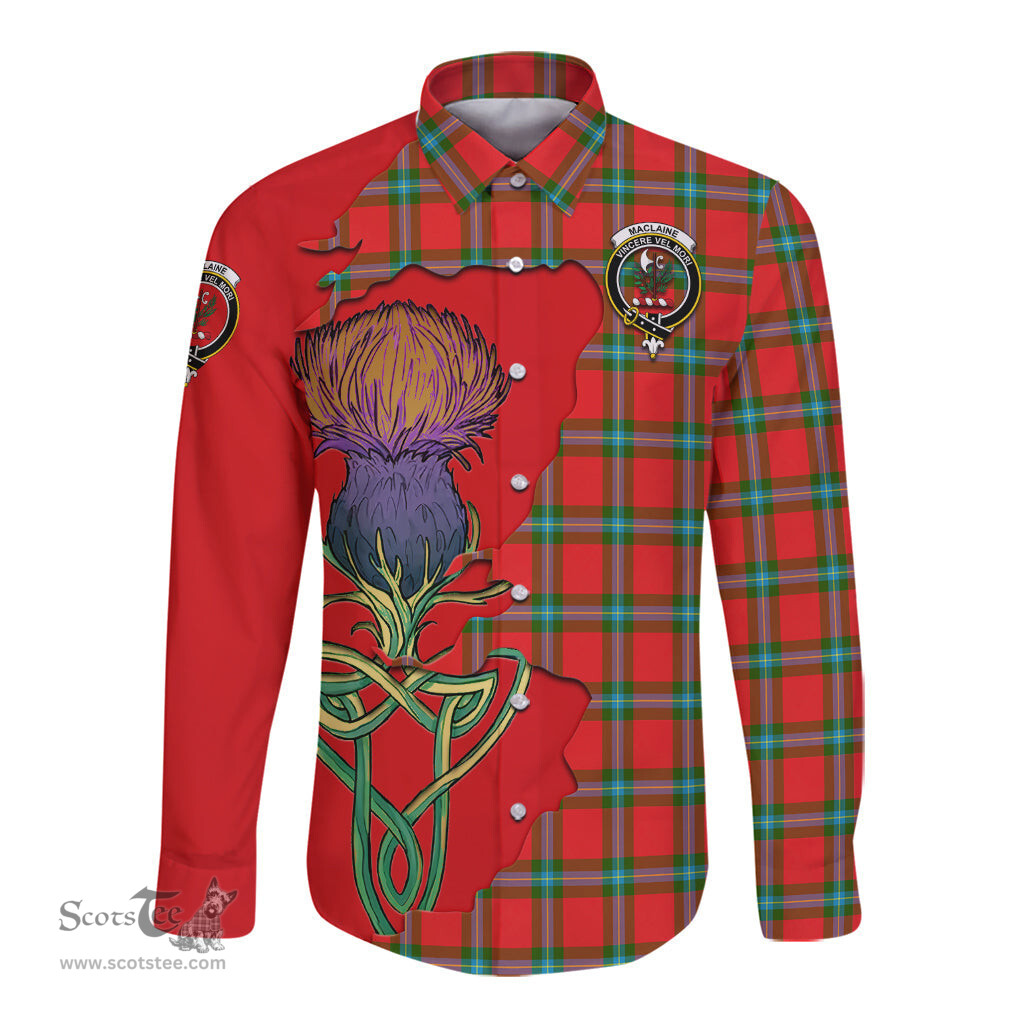 Scottish MacLaine of Loch Buie Clan Tartan Crest with Thistle and Scotland Map Tartan Long Sleeve Shirt Scottish Plaid Tartan Plaid - ScotsTee - scotstee.com