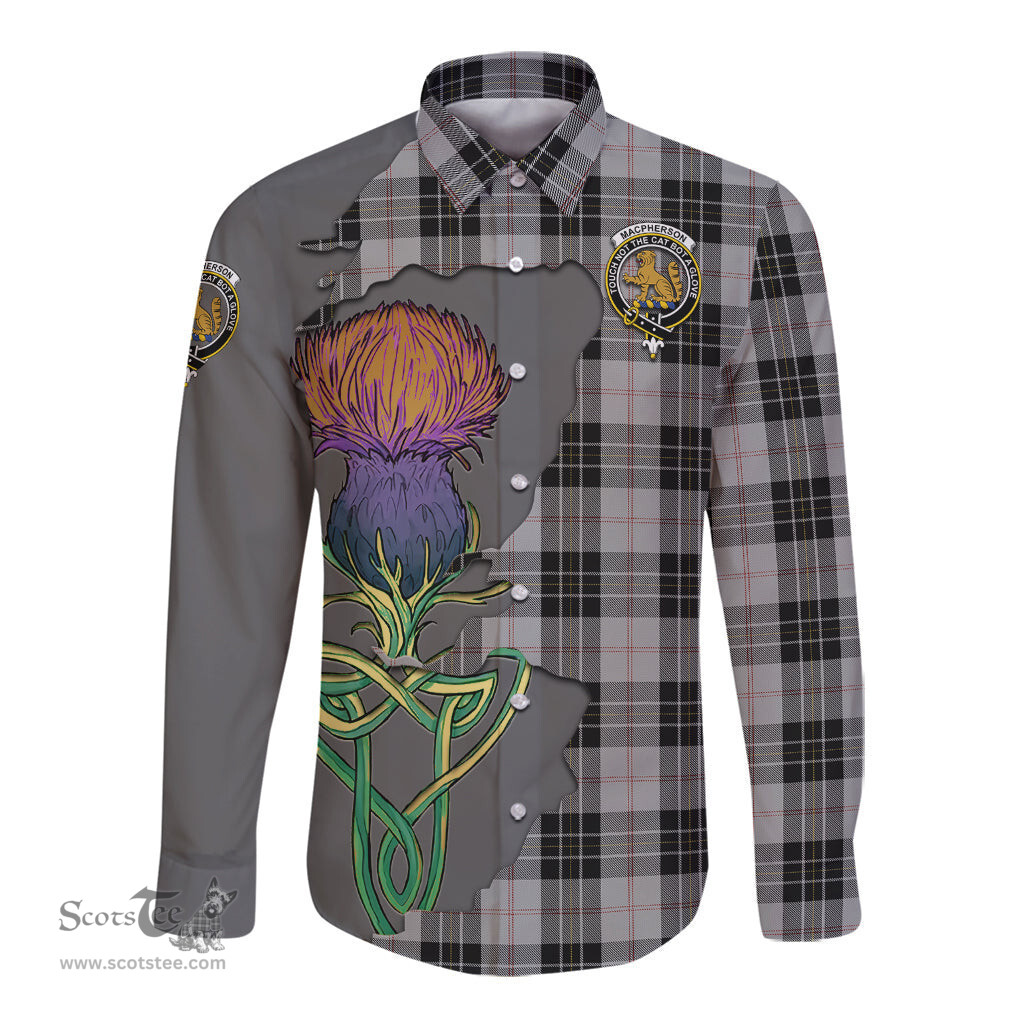 Scottish MacPherson Dress Clan Tartan Crest with Thistle and Scotland Map Tartan Long Sleeve Shirt Scottish Plaid Tartan Plaid - ScotsTee - scotstee.com
