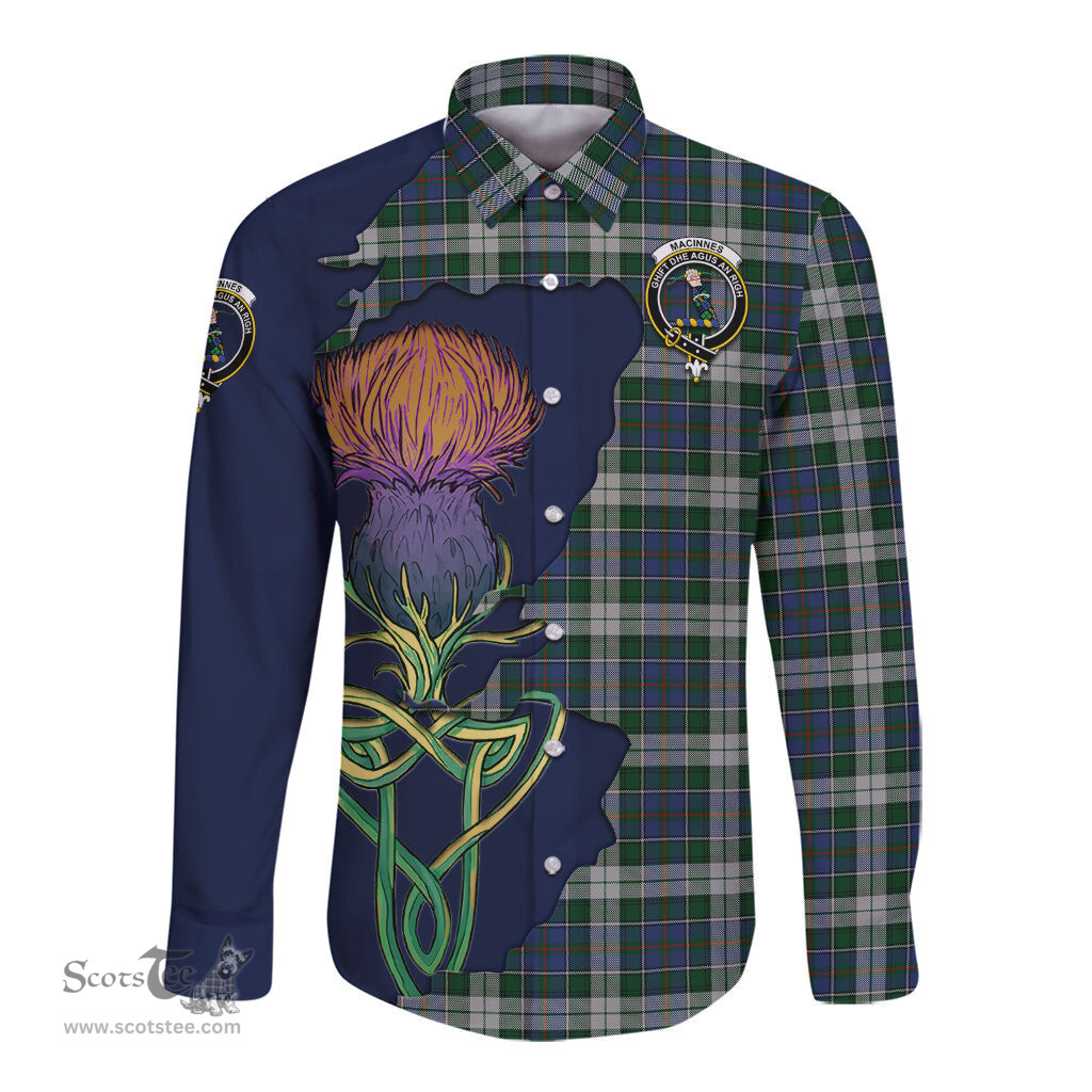 Scottish MacInnes Dress Clan Tartan Crest with Thistle and Scotland Map Tartan Long Sleeve Shirt Scottish Plaid Tartan Plaid - ScotsTee - scotstee.com
