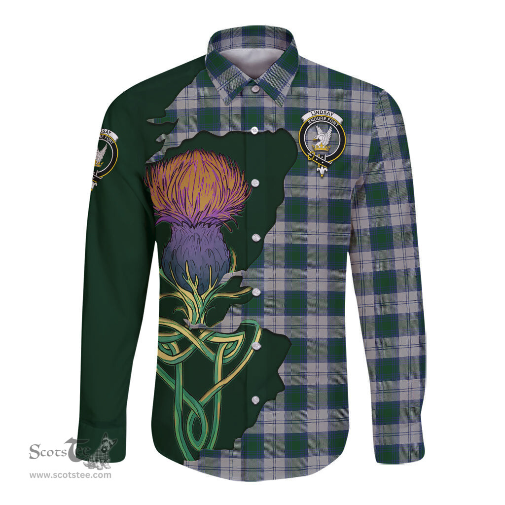 Scottish Lindsay Dress Clan Tartan Crest with Thistle and Scotland Map Tartan Long Sleeve Shirt Scottish Plaid Tartan Plaid - ScotsTee - scotstee.com