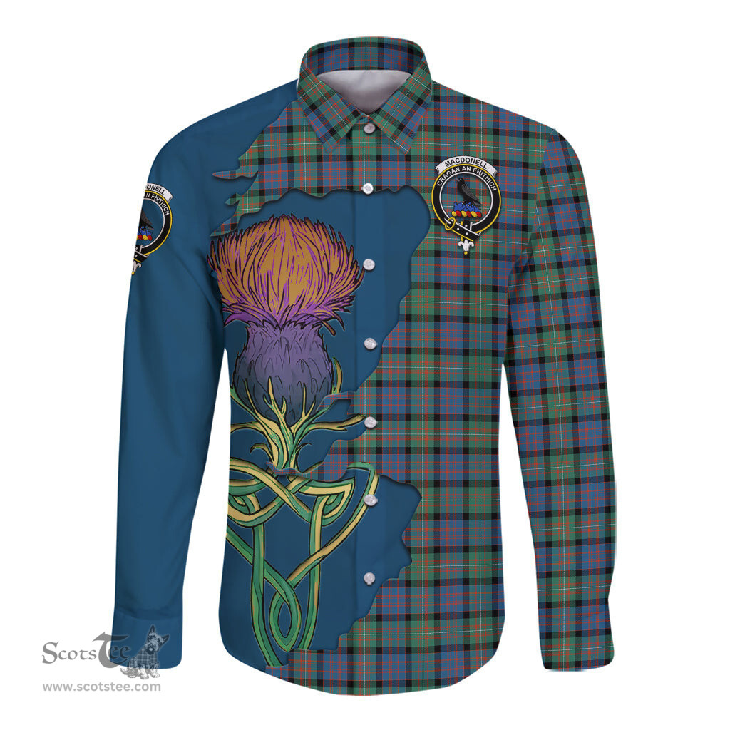 Scottish MacDonell of Glengarry Ancient Clan Tartan Crest with Thistle and Scotland Map Tartan Long Sleeve Shirt Scottish Plaid Tartan Plaid - ScotsTee - scotstee.com
