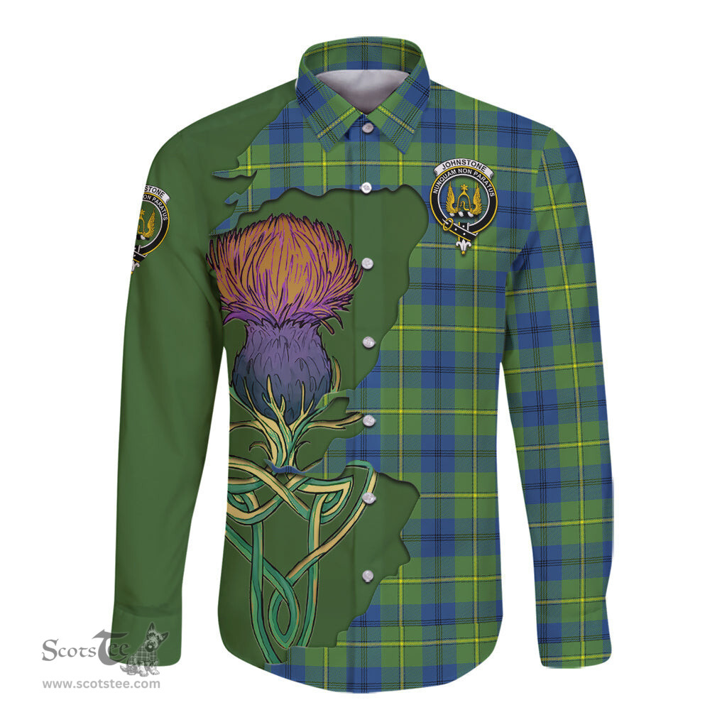 Scottish Johnstone Ancient Clan Tartan Crest with Thistle and Scotland Map Tartan Long Sleeve Shirt Scottish Plaid Tartan Plaid - ScotsTee - scotstee.com