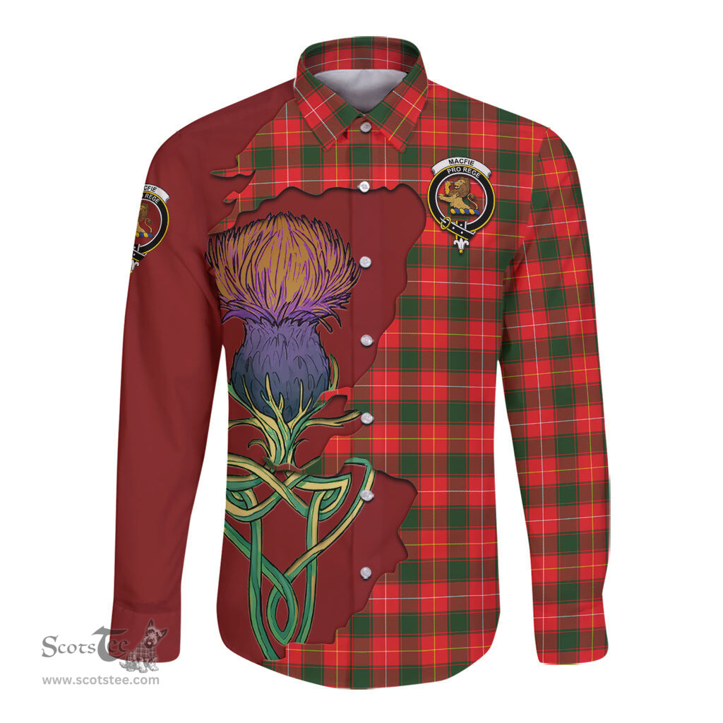 Scottish MacFie Modern Clan Tartan Crest with Thistle and Scotland Map Tartan Long Sleeve Shirt Scottish Plaid Tartan Plaid - ScotsTee - scotstee.com