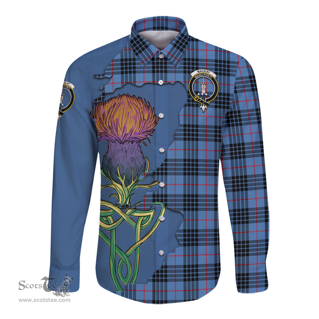 Scottish MacKay Blue Clan Tartan Crest with Thistle and Scotland Map Tartan Long Sleeve Shirt Scottish Plaid Tartan Plaid - ScotsTee - scotstee.com