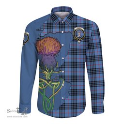 Scottish MacKay Blue Clan Tartan Crest with Thistle and Scotland Map Tartan Long Sleeve Shirt Scottish Plaid Tartan Plaid - ScotsTee - scotstee.com
