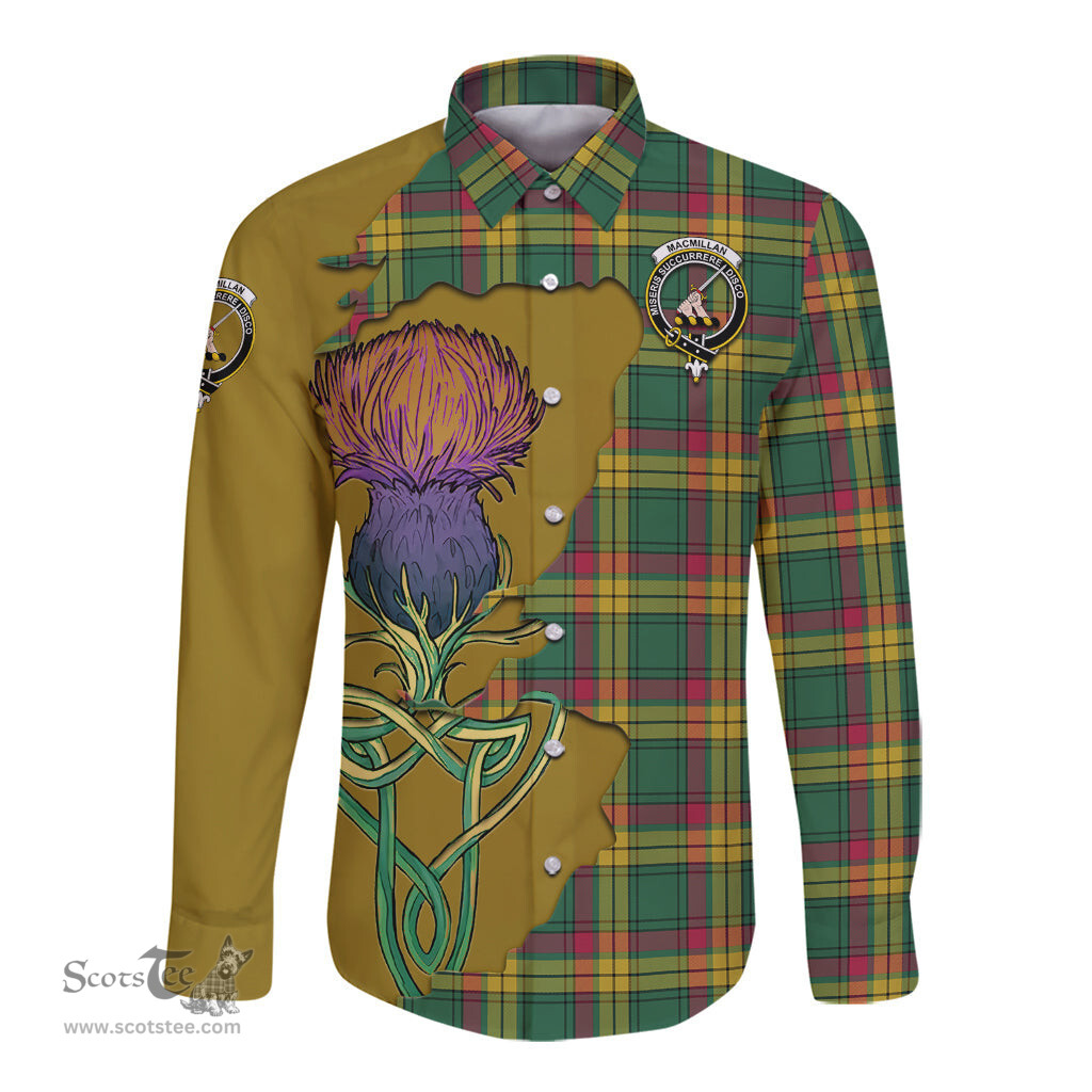 Scottish MacMillan Old Ancient Clan Tartan Crest with Thistle and Scotland Map Tartan Long Sleeve Shirt Scottish Plaid Tartan Plaid - ScotsTee - scotstee.com