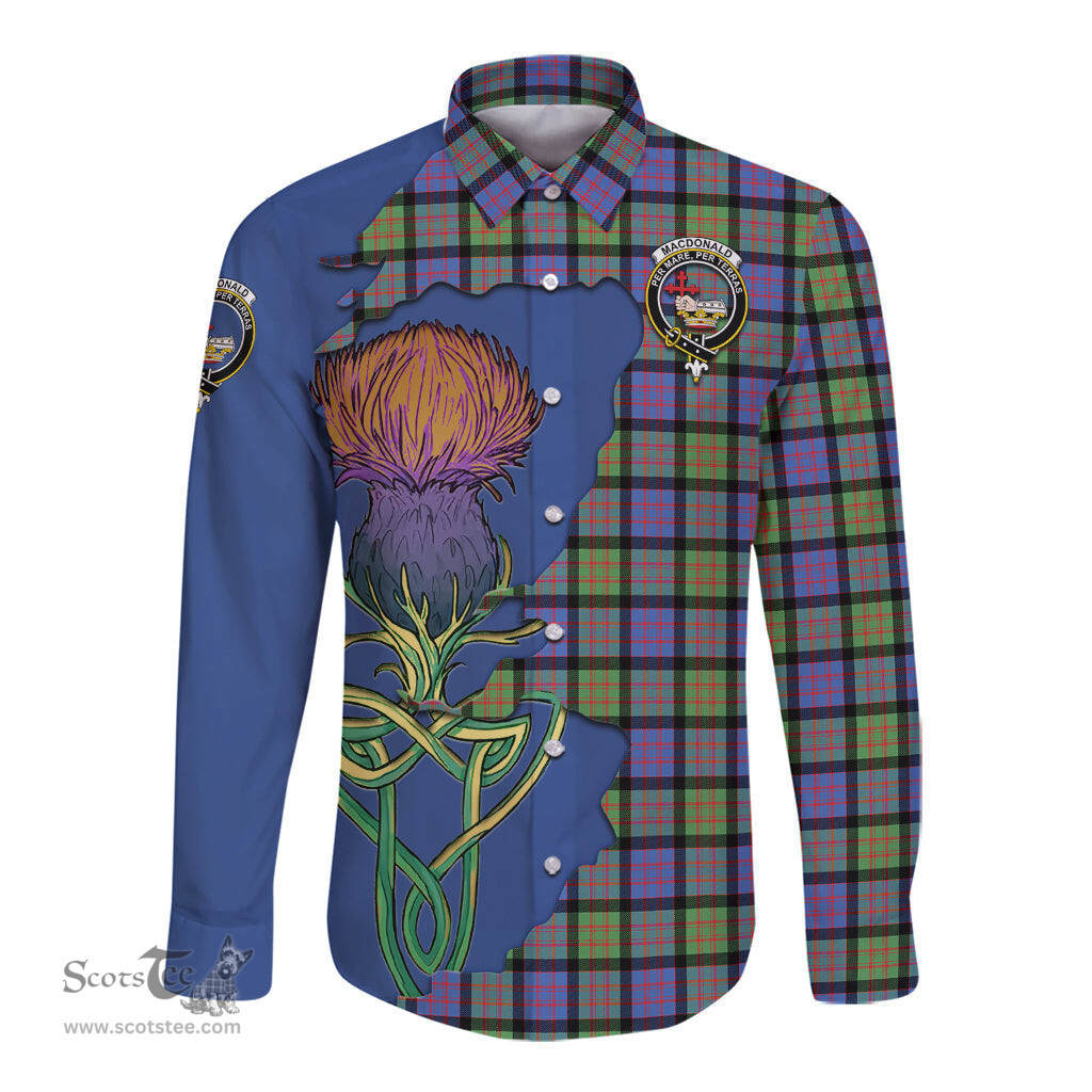 Scottish MacDonald Ancient Clan Tartan Crest with Thistle and Scotland Map Tartan Long Sleeve Shirt Scottish Plaid Tartan Plaid - ScotsTee - scotstee.com