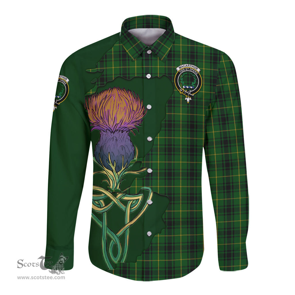 Scottish MacArthur Clan Tartan Crest with Thistle and Scotland Map Tartan Long Sleeve Shirt Scottish Plaid Tartan Plaid - ScotsTee - scotstee.com