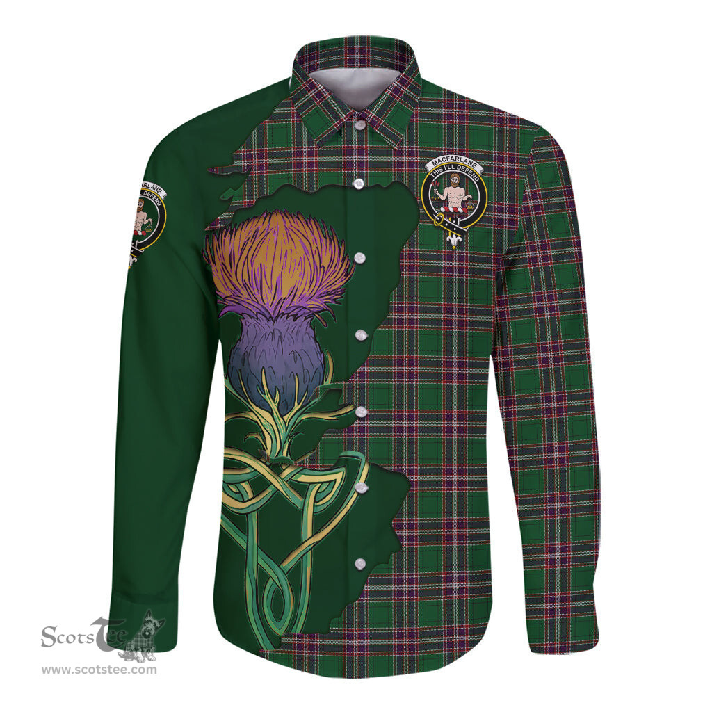 Scottish MacFarlane Hunting Clan Tartan Crest with Thistle and Scotland Map Tartan Long Sleeve Shirt Scottish Plaid Tartan Plaid - ScotsTee - scotstee.com