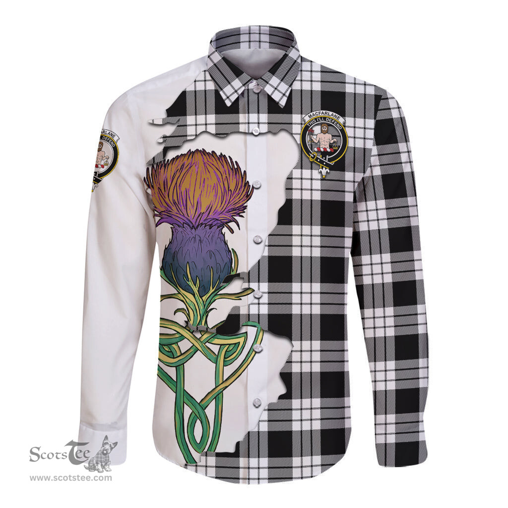 Scottish MacFarlane Black White Clan Tartan Crest with Thistle and Scotland Map Tartan Long Sleeve Shirt Scottish Plaid Tartan Plaid - ScotsTee - scotstee.com