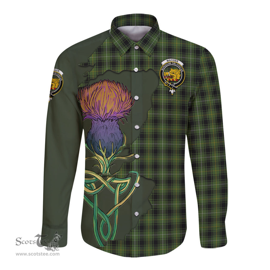 Scottish MacIver Hunting Clan Tartan Crest with Thistle and Scotland Map Tartan Long Sleeve Shirt Scottish Plaid Tartan Plaid - ScotsTee - scotstee.com