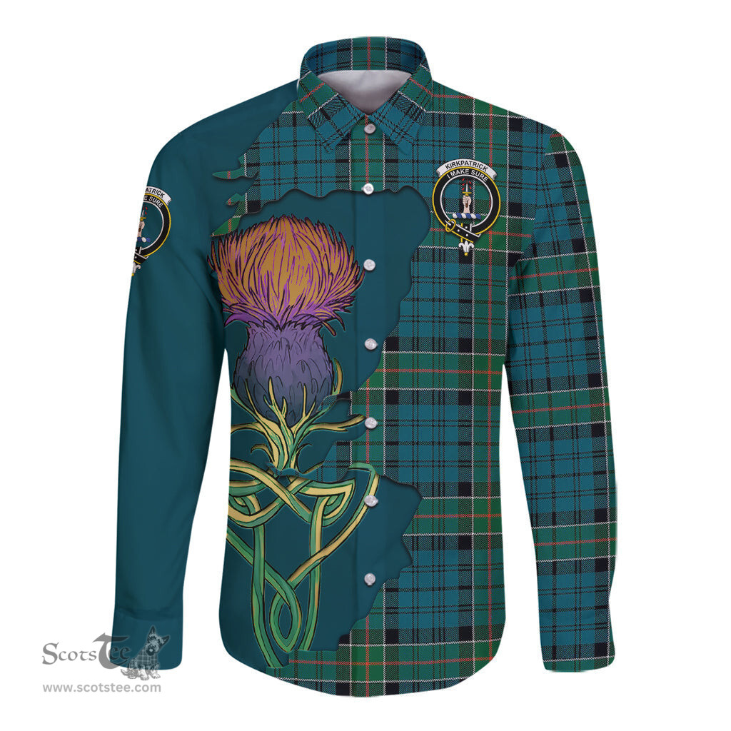 Scottish Kirkpatrick Clan Tartan Crest with Thistle and Scotland Map Tartan Long Sleeve Shirt Scottish Plaid Tartan Plaid - ScotsTee - scotstee.com