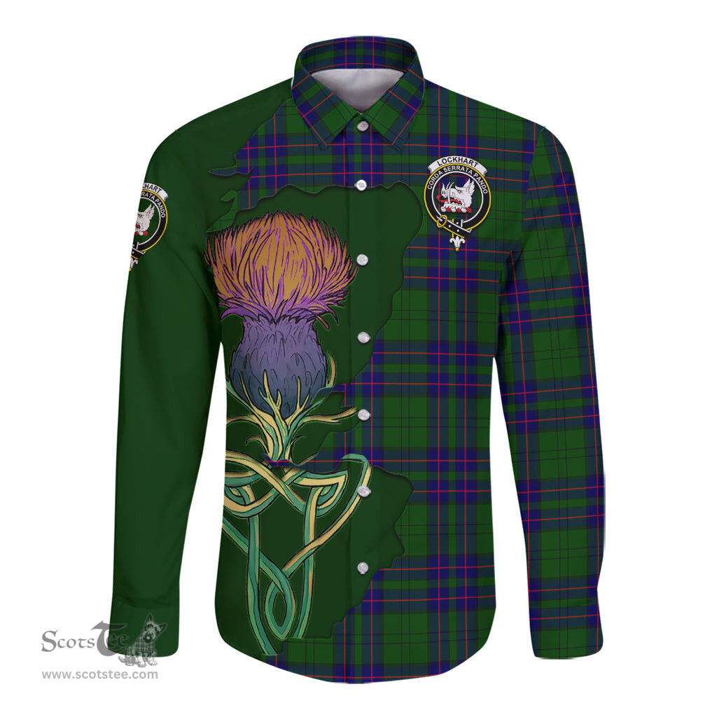 Scottish Lockhart Modern Clan Tartan Crest with Thistle and Scotland Map Tartan Long Sleeve Shirt Scottish Plaid Tartan Plaid - ScotsTee - scotstee.com