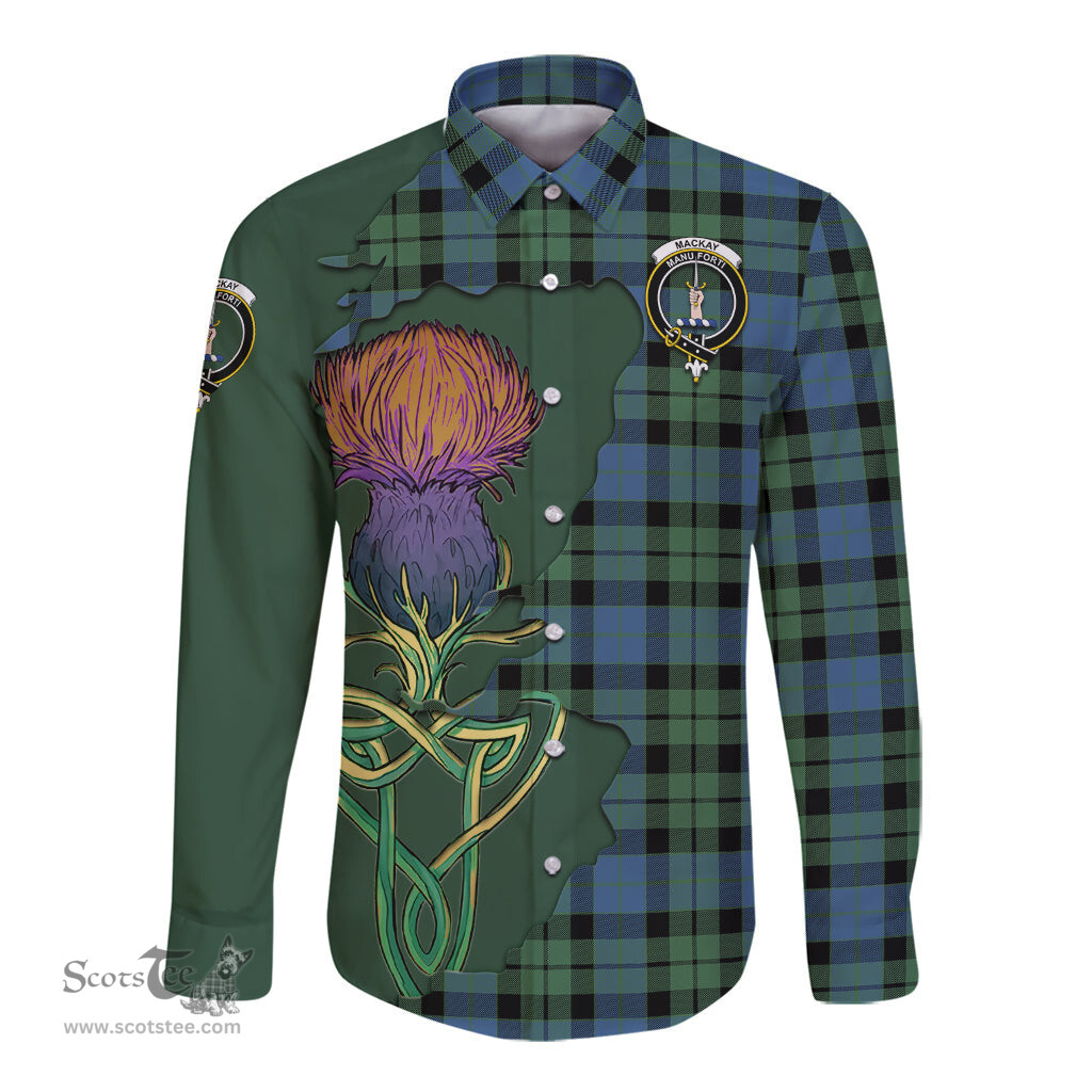Scottish MacKay Ancient Clan Tartan Crest with Thistle and Scotland Map Tartan Long Sleeve Shirt Scottish Plaid Tartan Plaid - ScotsTee - scotstee.com