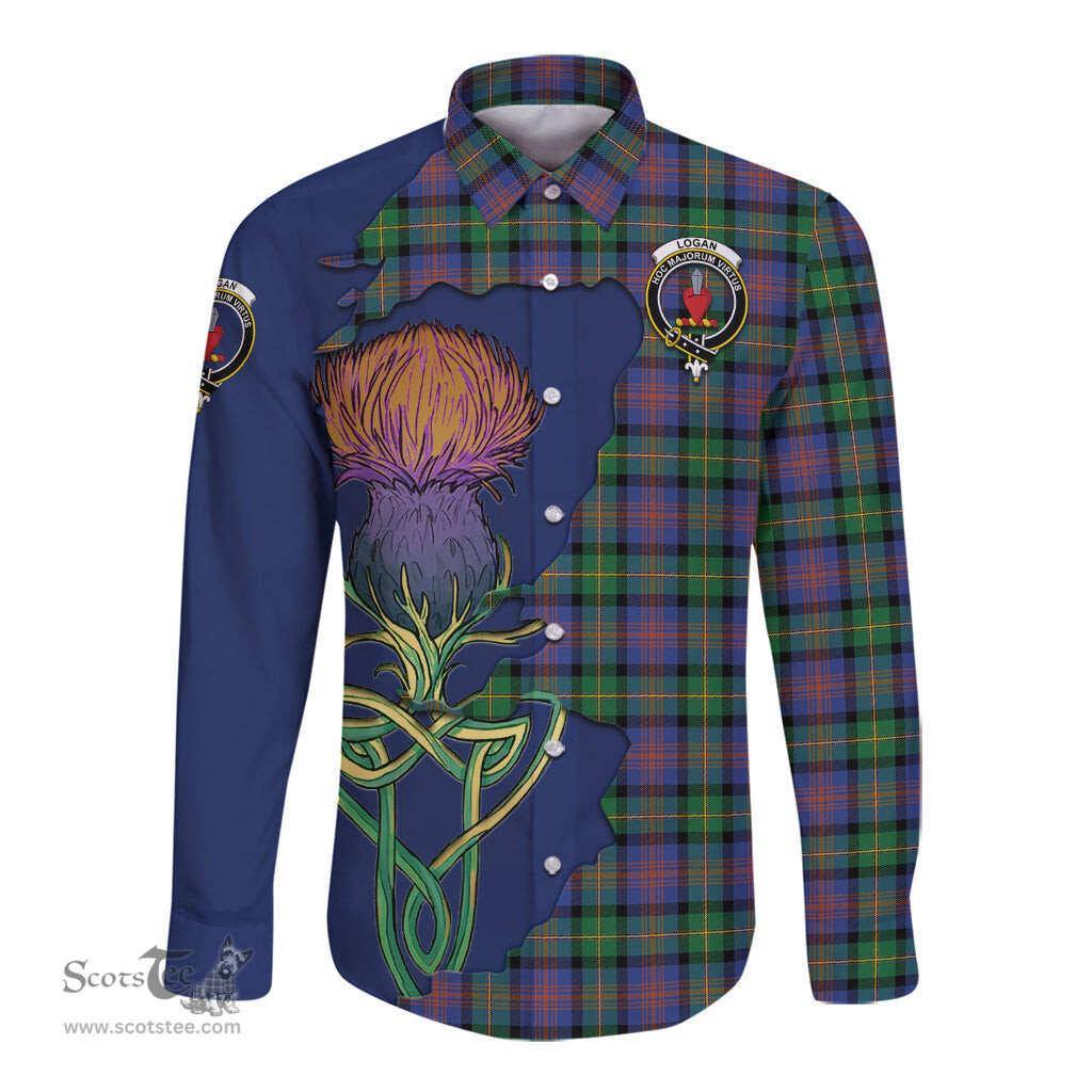 Scottish Logan Ancient Clan Tartan Crest with Thistle and Scotland Map Tartan Long Sleeve Shirt Scottish Plaid Tartan Plaid - ScotsTee - scotstee.com