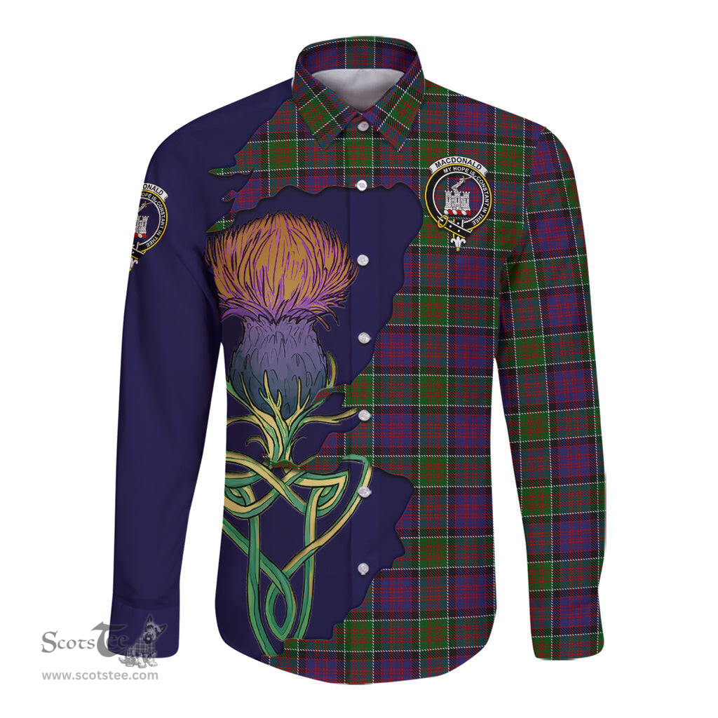 Scottish MacDonald of Clan Ranald Modern Clan Tartan Crest with Thistle and Scotland Map Tartan Long Sleeve Shirt Scottish Plaid Tartan Plaid - ScotsTee - scotstee.com