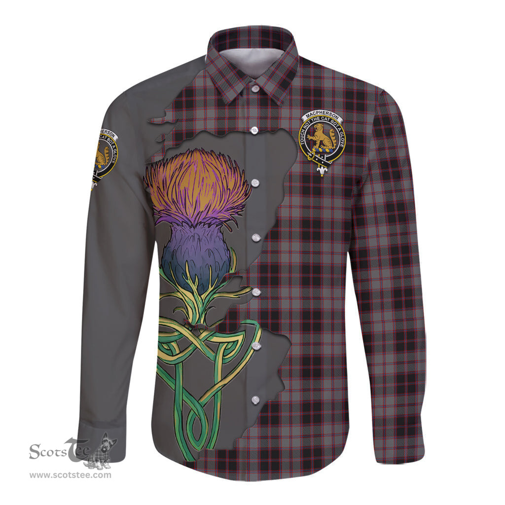 Scottish MacPherson Hunting Clan Tartan Crest with Thistle and Scotland Map Tartan Long Sleeve Shirt Scottish Plaid Tartan Plaid - ScotsTee - scotstee.com