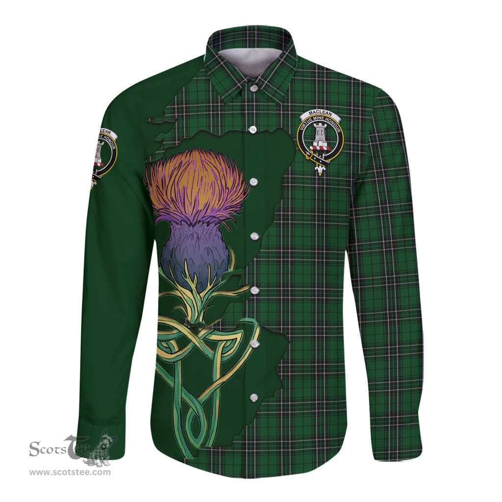 Scottish MacLean of Duart Hunting Clan Tartan Crest with Thistle and Scotland Map Tartan Long Sleeve Shirt Scottish Plaid Tartan Plaid - ScotsTee - scotstee.com