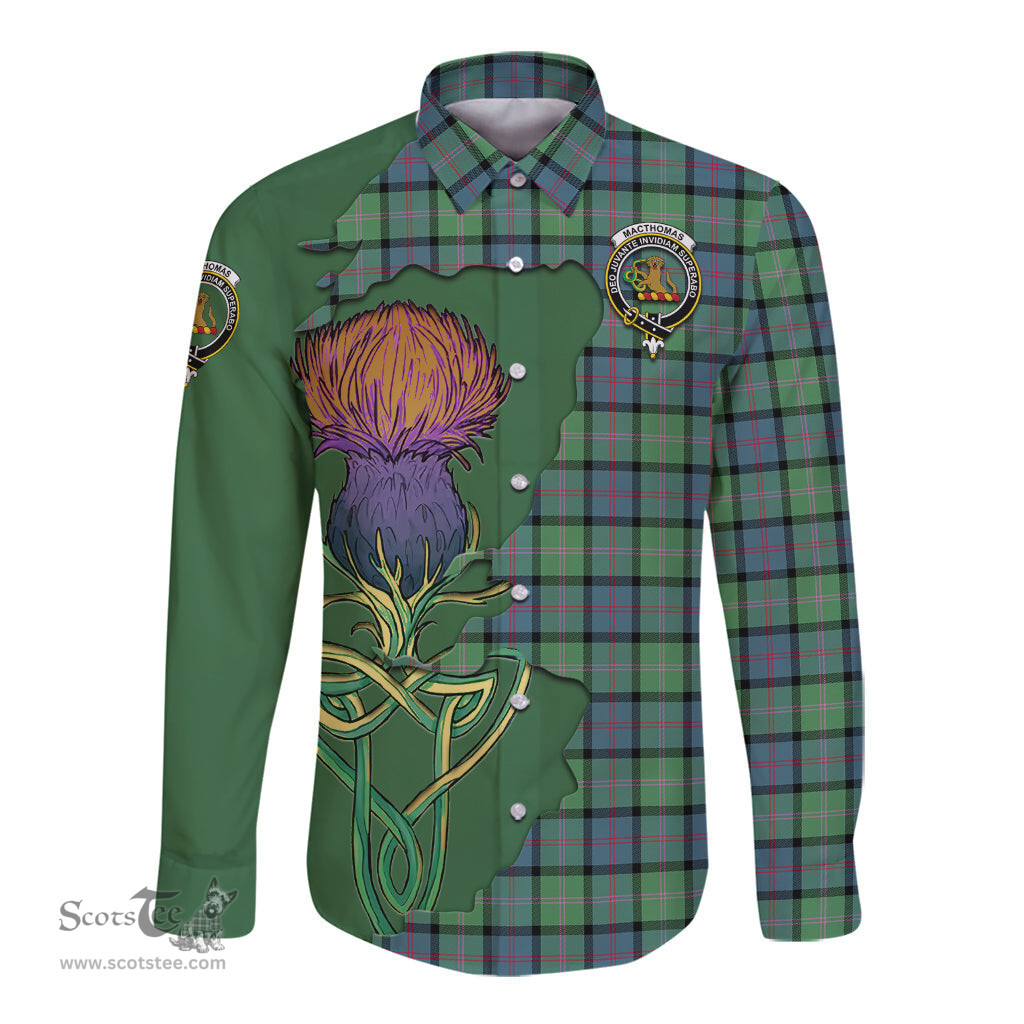 Scottish MacThomas Ancient Clan Tartan Crest with Thistle and Scotland Map Tartan Long Sleeve Shirt Scottish Plaid Tartan Plaid - ScotsTee - scotstee.com