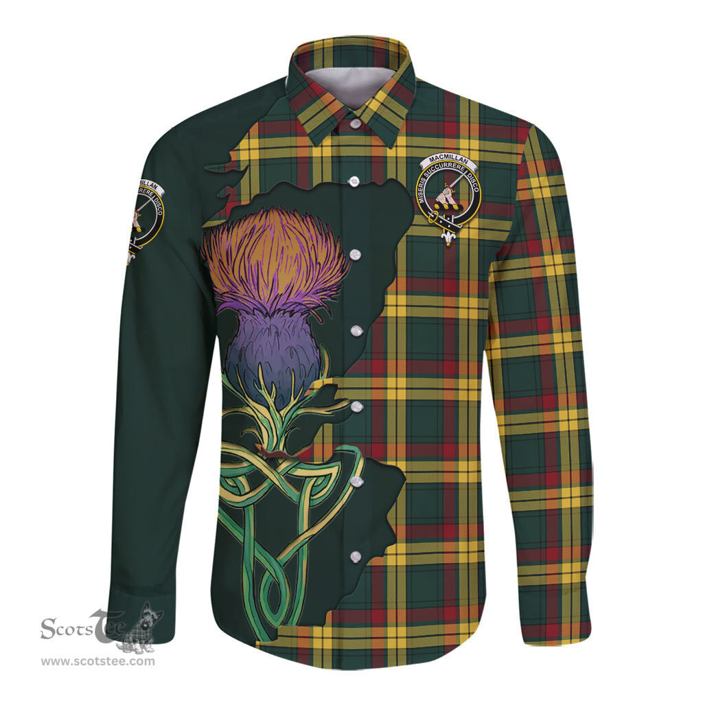 Scottish MacMillan Old Modern Clan Tartan Crest with Thistle and Scotland Map Tartan Long Sleeve Shirt Scottish Plaid Tartan Plaid - ScotsTee - scotstee.com