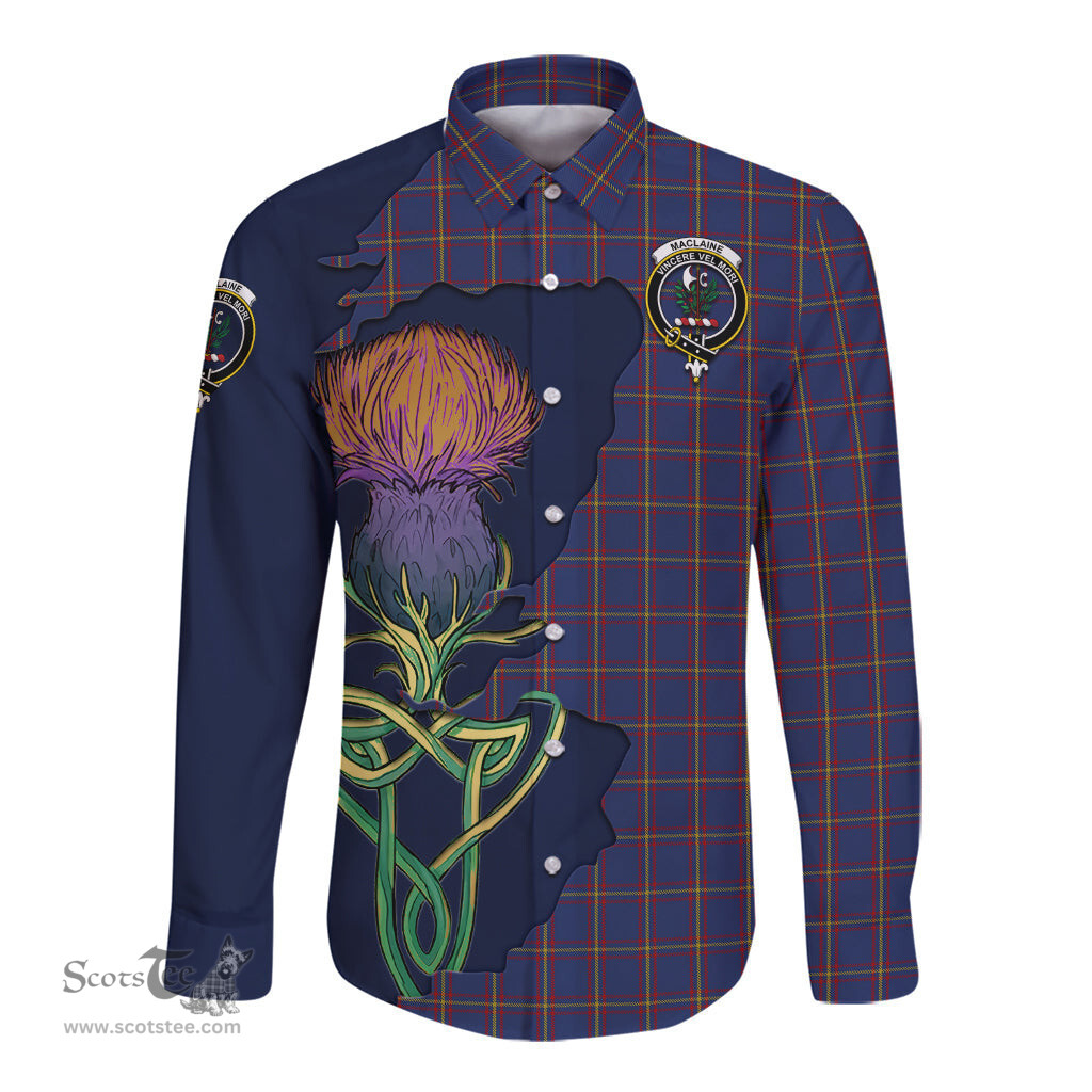 Scottish MacLaine of Lochbuie Clan Tartan Crest with Thistle and Scotland Map Tartan Long Sleeve Shirt Scottish Plaid Tartan Plaid - ScotsTee - scotstee.com