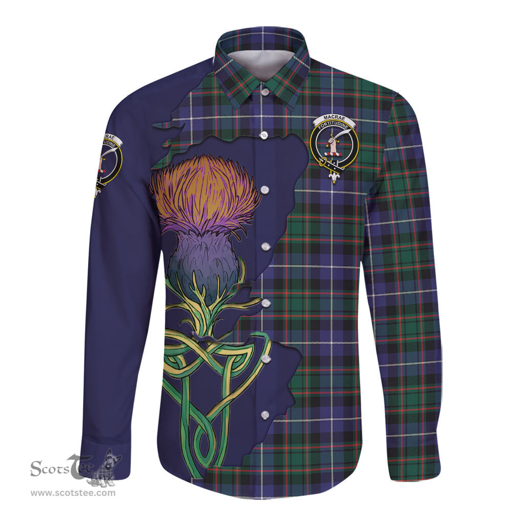Scottish MacRae Hunting Modern Clan Tartan Crest with Thistle and Scotland Map Tartan Long Sleeve Shirt Scottish Plaid Tartan Plaid - ScotsTee - scotstee.com
