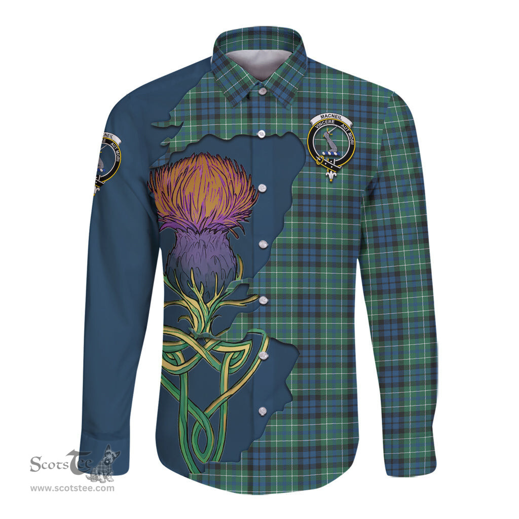 Scottish MacNeil of Colonsay Ancient Clan Tartan Crest with Thistle and Scotland Map Tartan Long Sleeve Shirt Scottish Plaid Tartan Plaid - ScotsTee - scotstee.com
