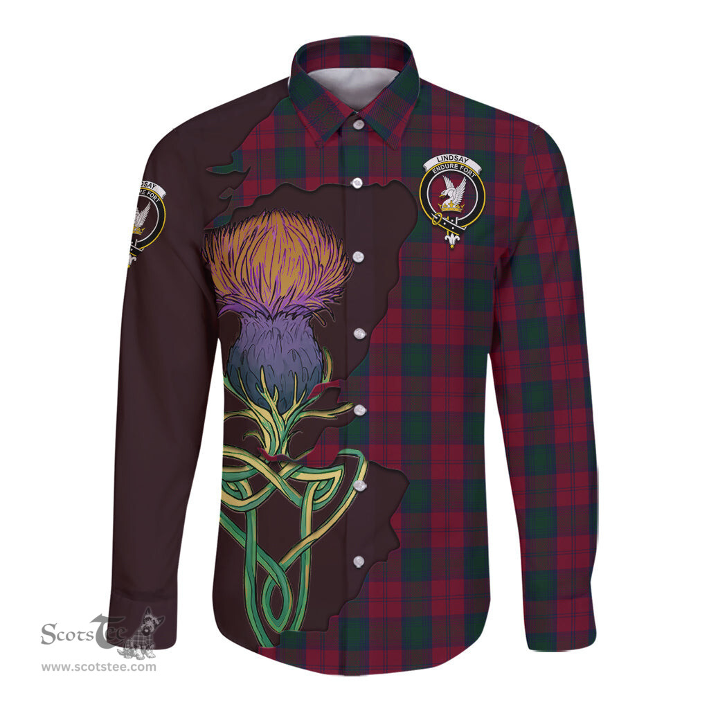 Scottish Lindsay Clan Tartan Crest with Thistle and Scotland Map Tartan Long Sleeve Shirt Scottish Plaid Tartan Plaid - ScotsTee - scotstee.com