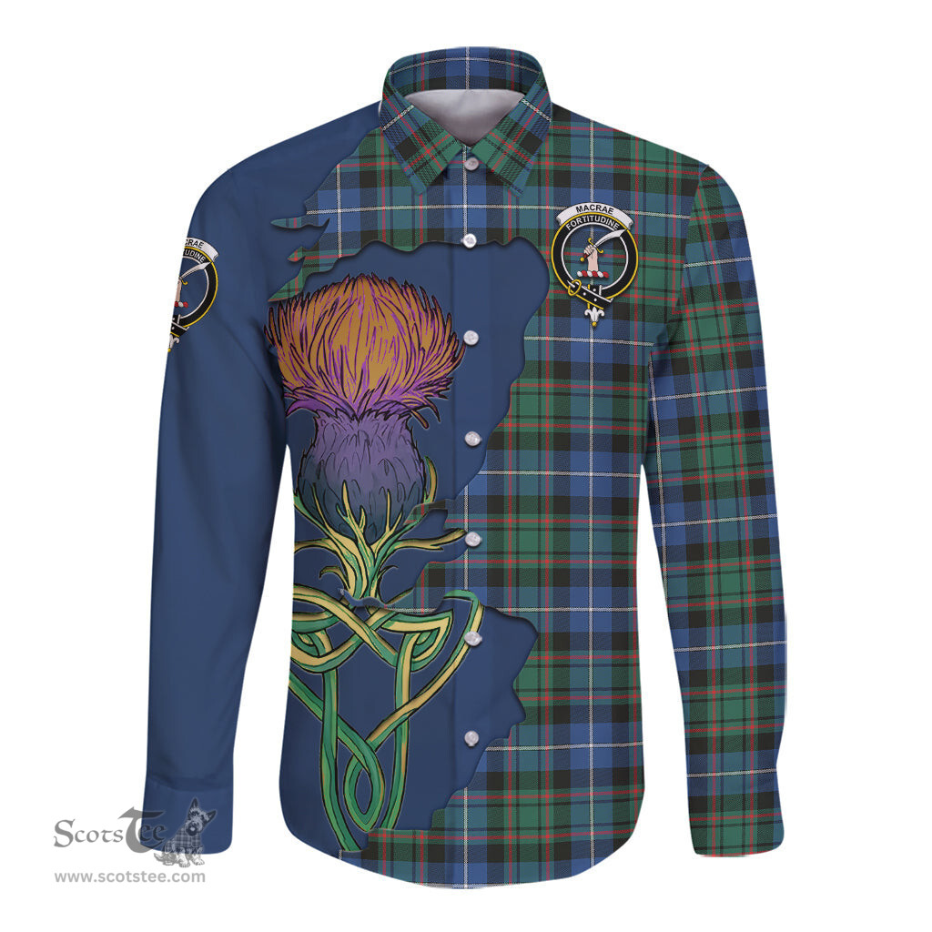 Scottish MacRae Hunting Ancient Clan Tartan Crest with Thistle and Scotland Map Tartan Long Sleeve Shirt Scottish Plaid Tartan Plaid - ScotsTee - scotstee.com