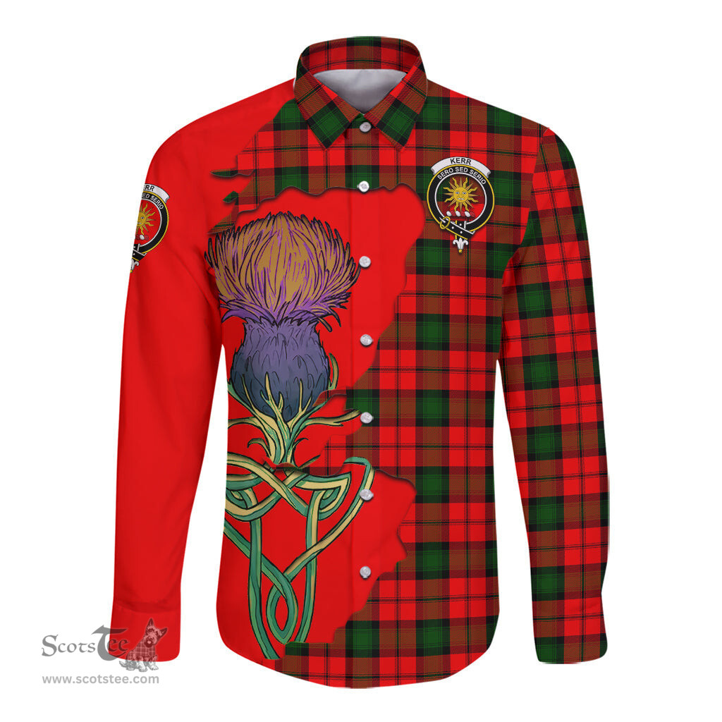 Scottish Kerr Modern Clan Tartan Crest with Thistle and Scotland Map Tartan Long Sleeve Shirt Scottish Plaid Tartan Plaid - ScotsTee - scotstee.com