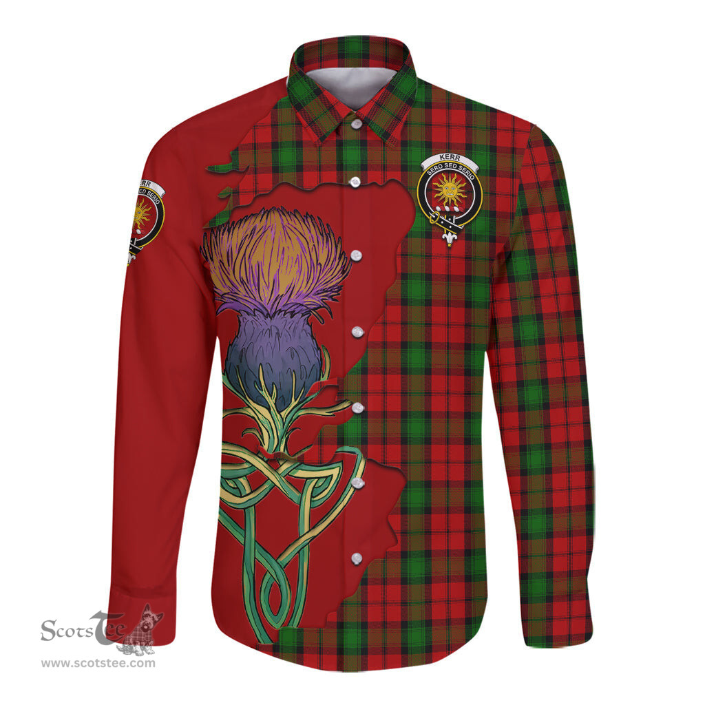 Scottish Kerr Clan Tartan Crest with Thistle and Scotland Map Tartan Long Sleeve Shirt Scottish Plaid Tartan Plaid - ScotsTee - scotstee.com