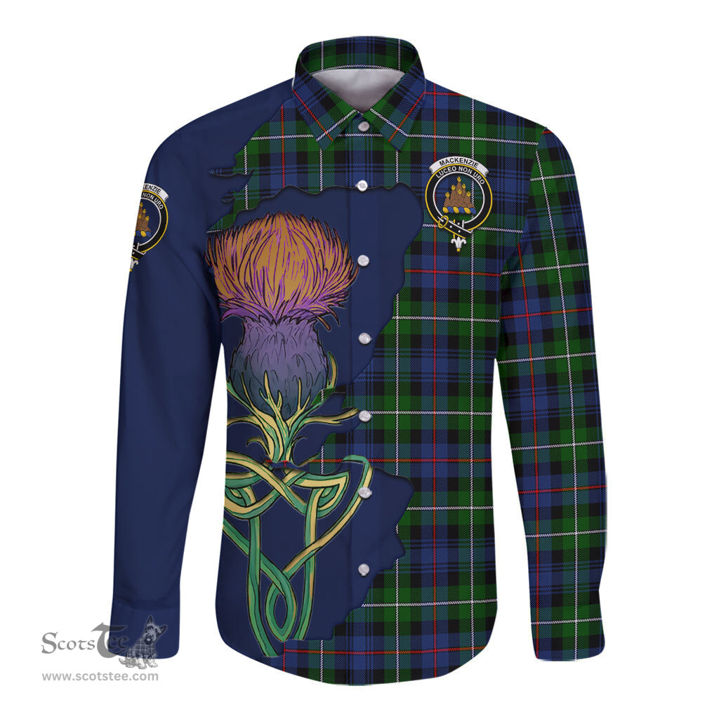 Scottish MacKenzie Modern Clan Tartan Crest with Thistle and Scotland Map Tartan Long Sleeve Shirt Scottish Plaid Tartan Plaid - ScotsTee - scotstee.com