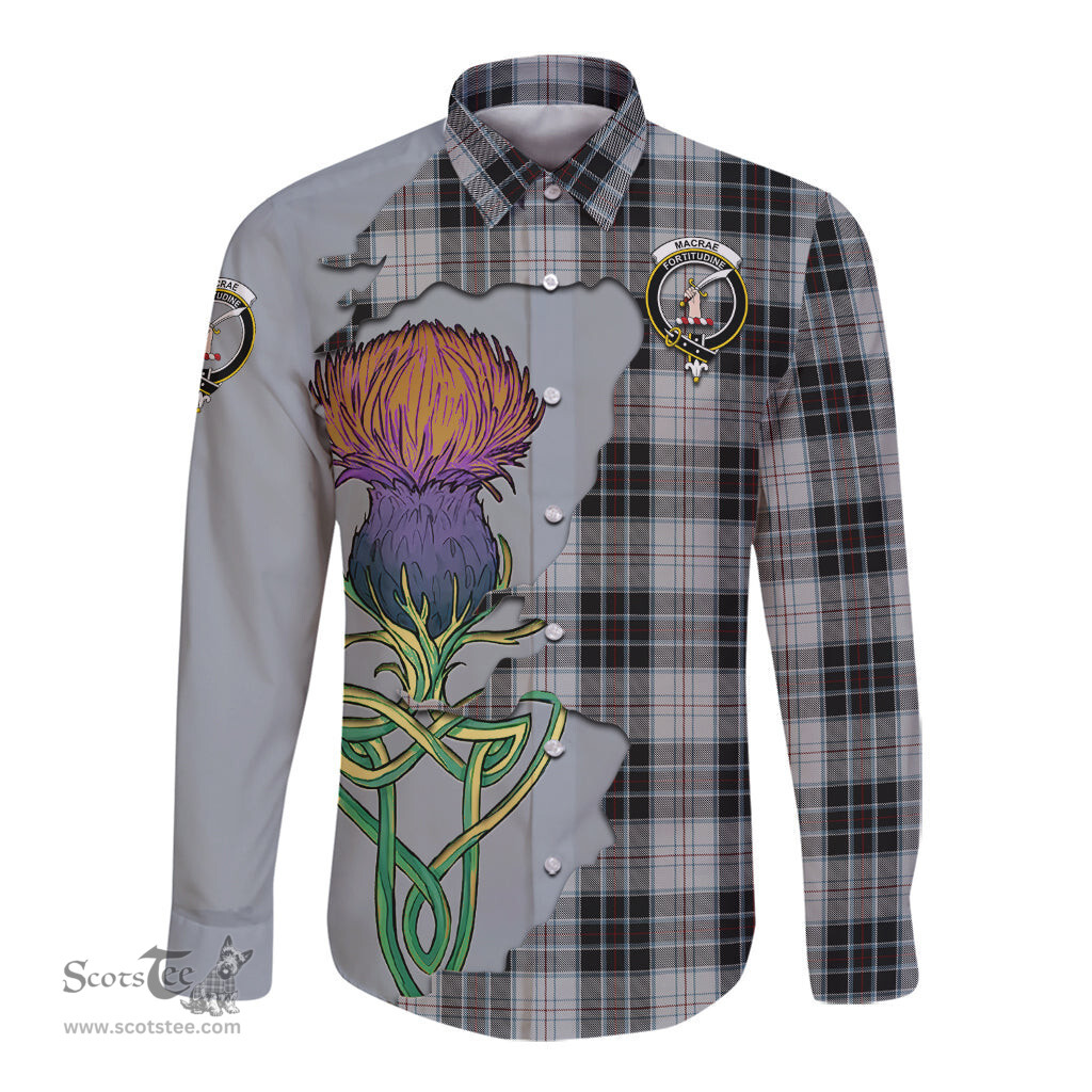 Scottish MacRae Dress Clan Tartan Crest with Thistle and Scotland Map Tartan Long Sleeve Shirt Scottish Plaid Tartan Plaid - ScotsTee - scotstee.com