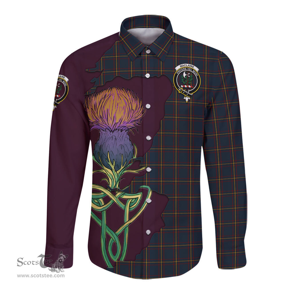 Scottish MacLaine of Lochbuie Hunting Clan Tartan Crest with Thistle and Scotland Map Tartan Long Sleeve Shirt Scottish Plaid Tartan Plaid - ScotsTee - scotstee.com