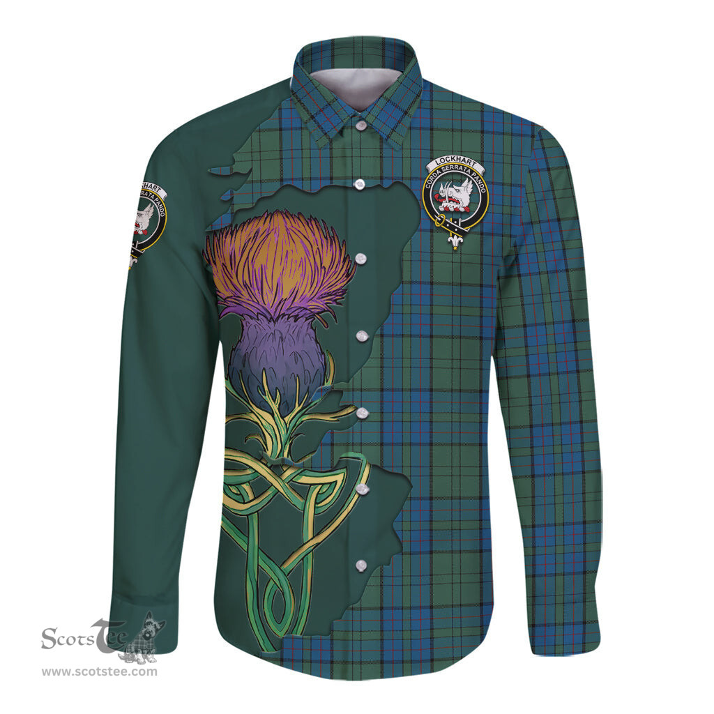 Scottish Lockhart Clan Tartan Crest with Thistle and Scotland Map Tartan Long Sleeve Shirt Scottish Plaid Tartan Plaid - ScotsTee - scotstee.com