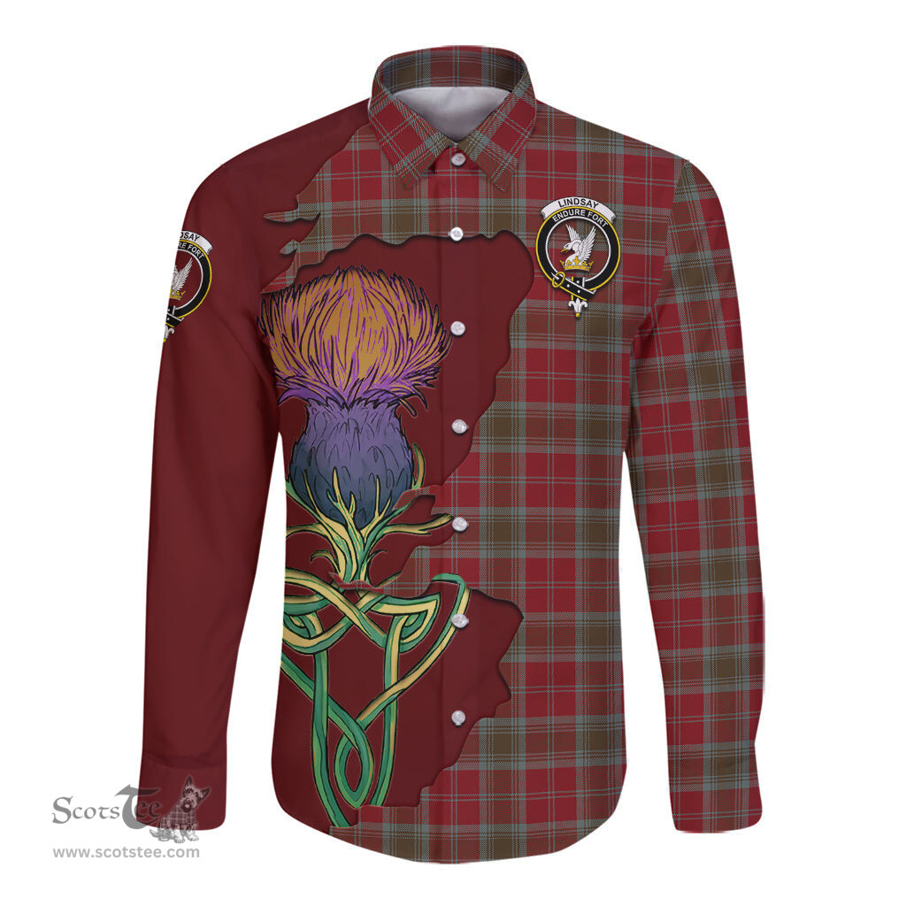 Scottish Lindsay Weathered Clan Tartan Crest with Thistle and Scotland Map Tartan Long Sleeve Shirt Scottish Plaid Tartan Plaid - ScotsTee - scotstee.com