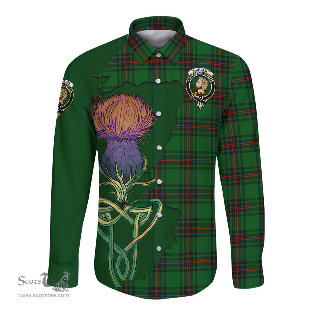 Scottish Kirkaldy Clan Tartan Crest with Thistle and Scotland Map Tartan Long Sleeve Shirt Scottish Plaid Tartan Plaid - ScotsTee - scotstee.com