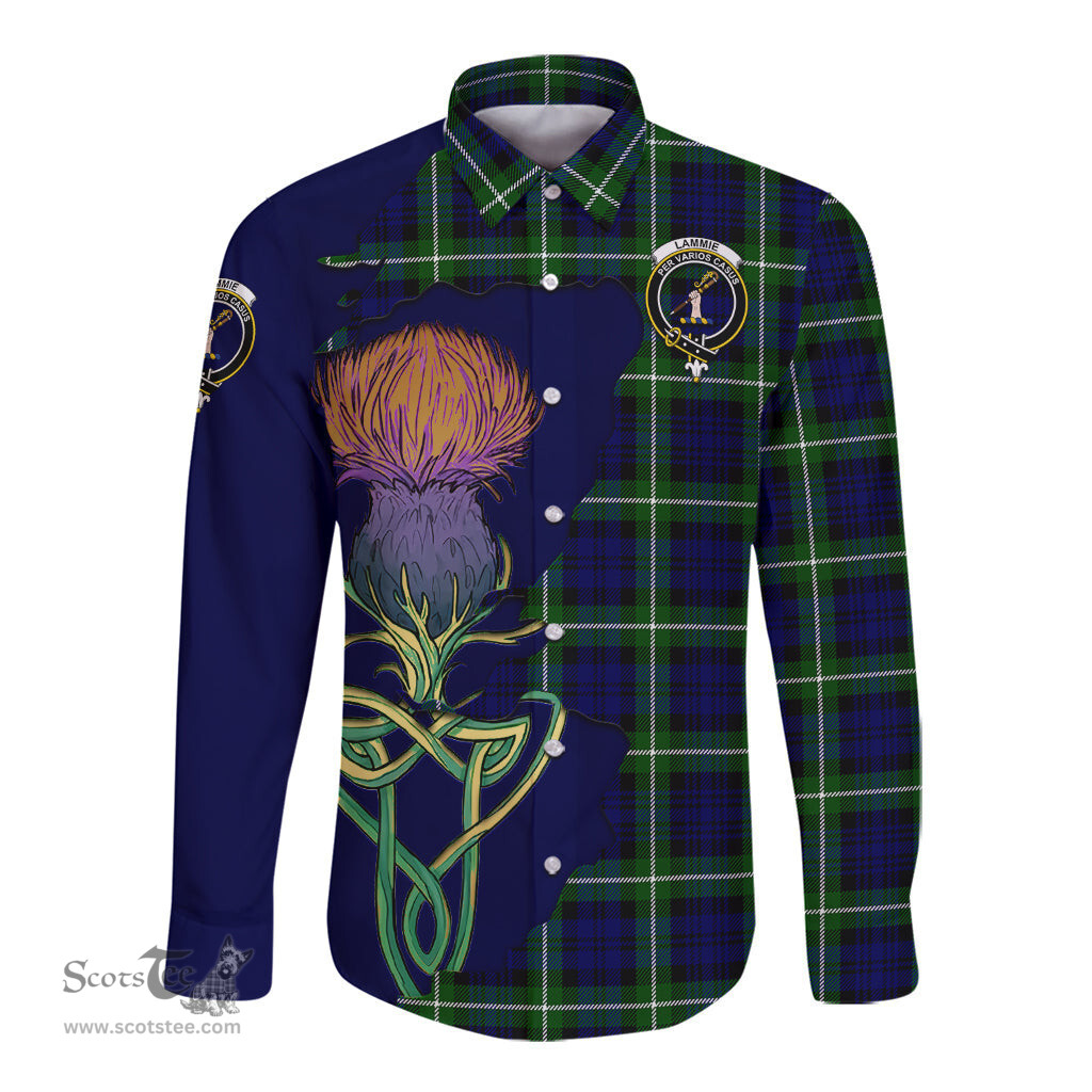 Scottish Lammie Clan Tartan Crest with Thistle and Scotland Map Tartan Long Sleeve Shirt Scottish Plaid Tartan Plaid - ScotsTee - scotstee.com