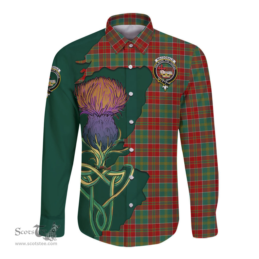 Scottish MacDonald of Kingsburgh Clan Tartan Crest with Thistle and Scotland Map Tartan Long Sleeve Shirt Scottish Plaid Tartan Plaid - ScotsTee - scotstee.com