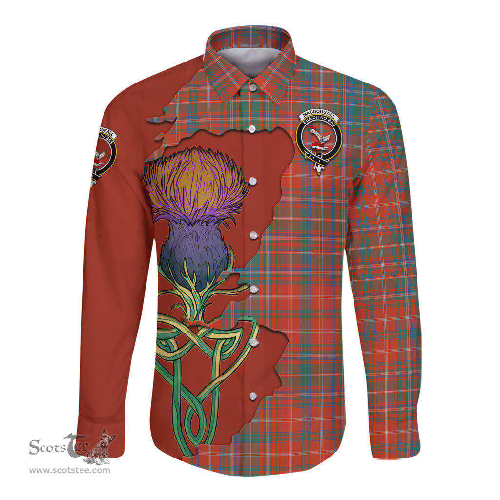 Scottish MacDougall Ancient Clan Tartan Crest with Thistle and Scotland Map Tartan Long Sleeve Shirt Scottish Plaid Tartan Plaid - ScotsTee - scotstee.com