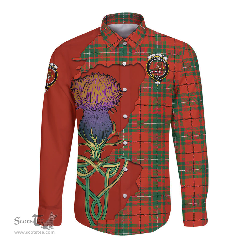 Scottish MacAulay Ancient Clan Tartan Crest with Thistle and Scotland Map Tartan Long Sleeve Shirt Scottish Plaid Tartan Plaid - ScotsTee - scotstee.com